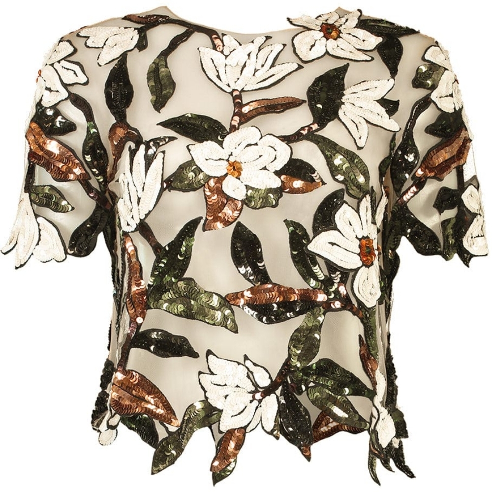 ^□$2,990 NEW OSCAR DE LA RENTA MAGNOLIA FLORAL SEQUIN BLOUSE US 16 XL